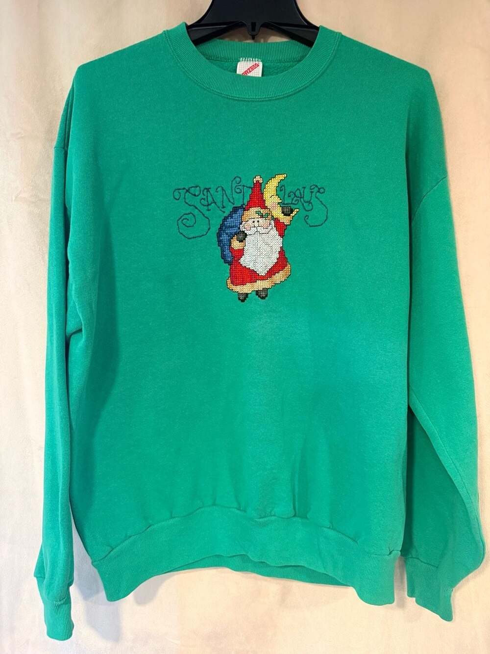 VTG Tultex Maximum Sweats Santa Claus Christmas Sweatshirt XL Green Cross Stitch